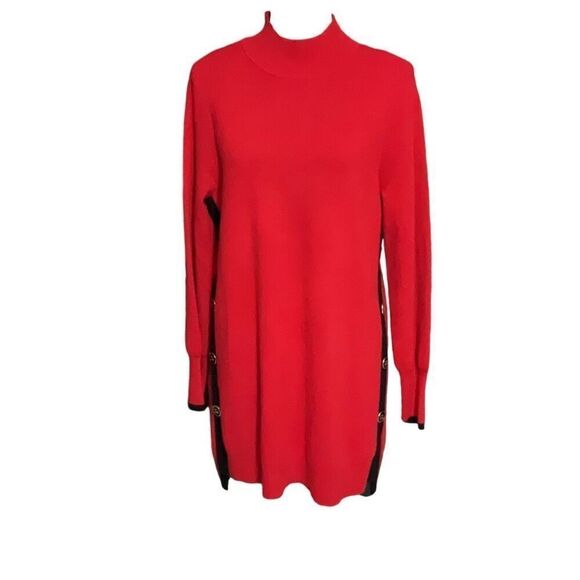 Chicos Red Sweater Dress or Tunic Button Sides Mock Neck Long Sleeve Size Medium - Picture 1 of 5